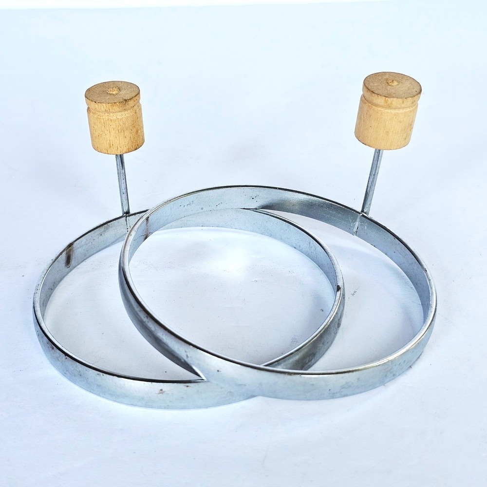 Vintage Metal Egg Pancake Rings Set of 2 with Wood Knobs Breakfast Molds